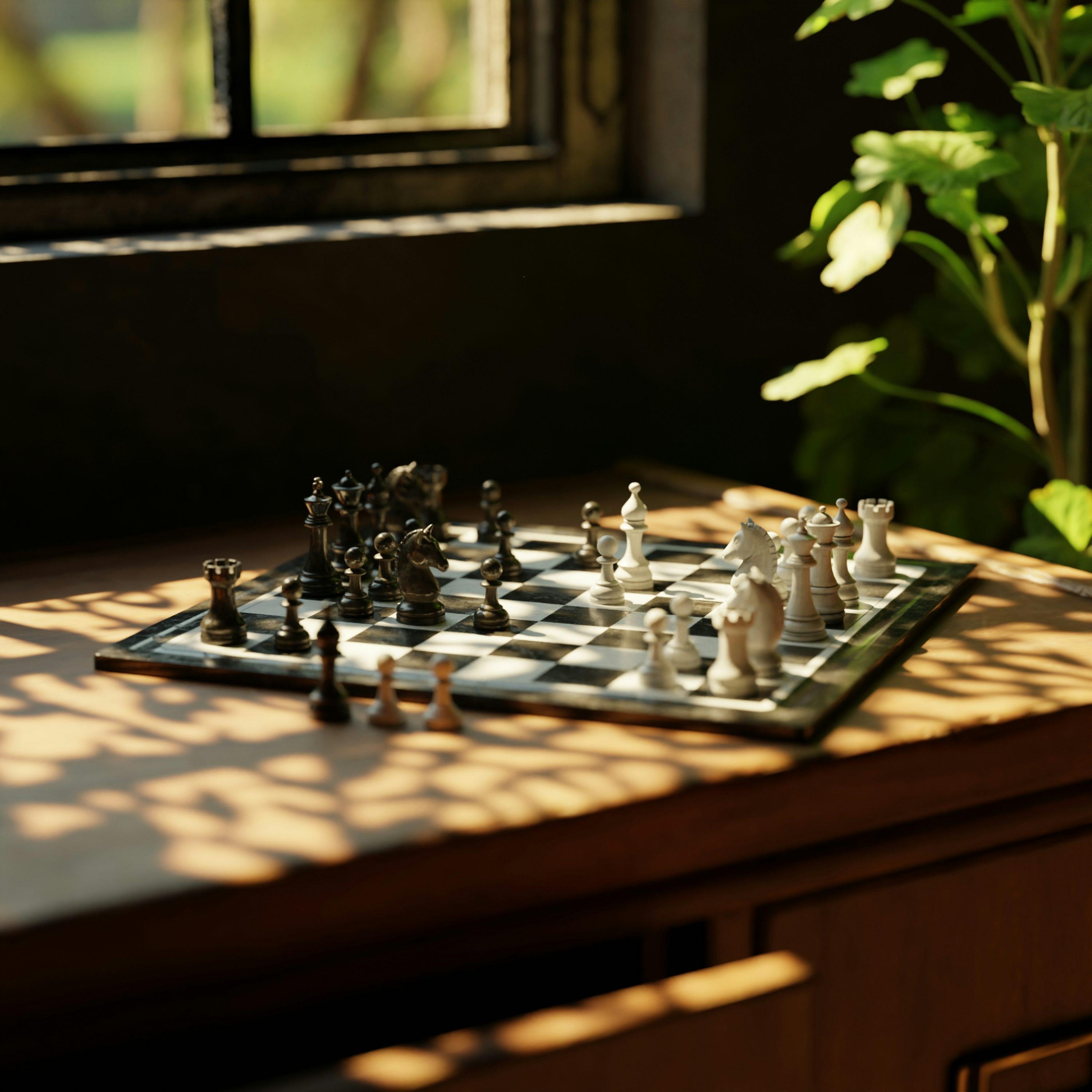 A chess board sitting in afternoon window light.