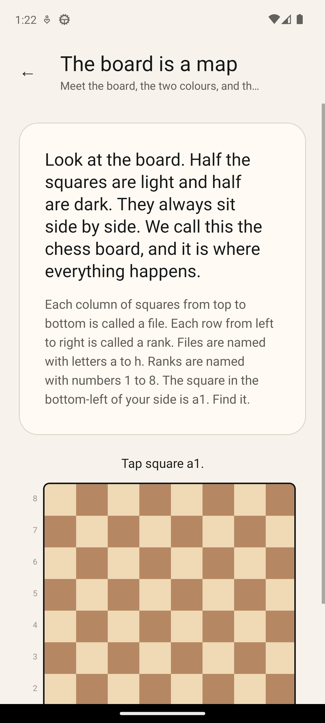 ChessGraduation lesson screen showing "The board is a map"