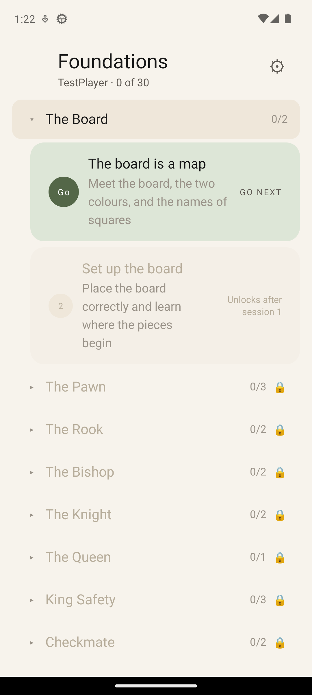 ChessGraduation session list screen